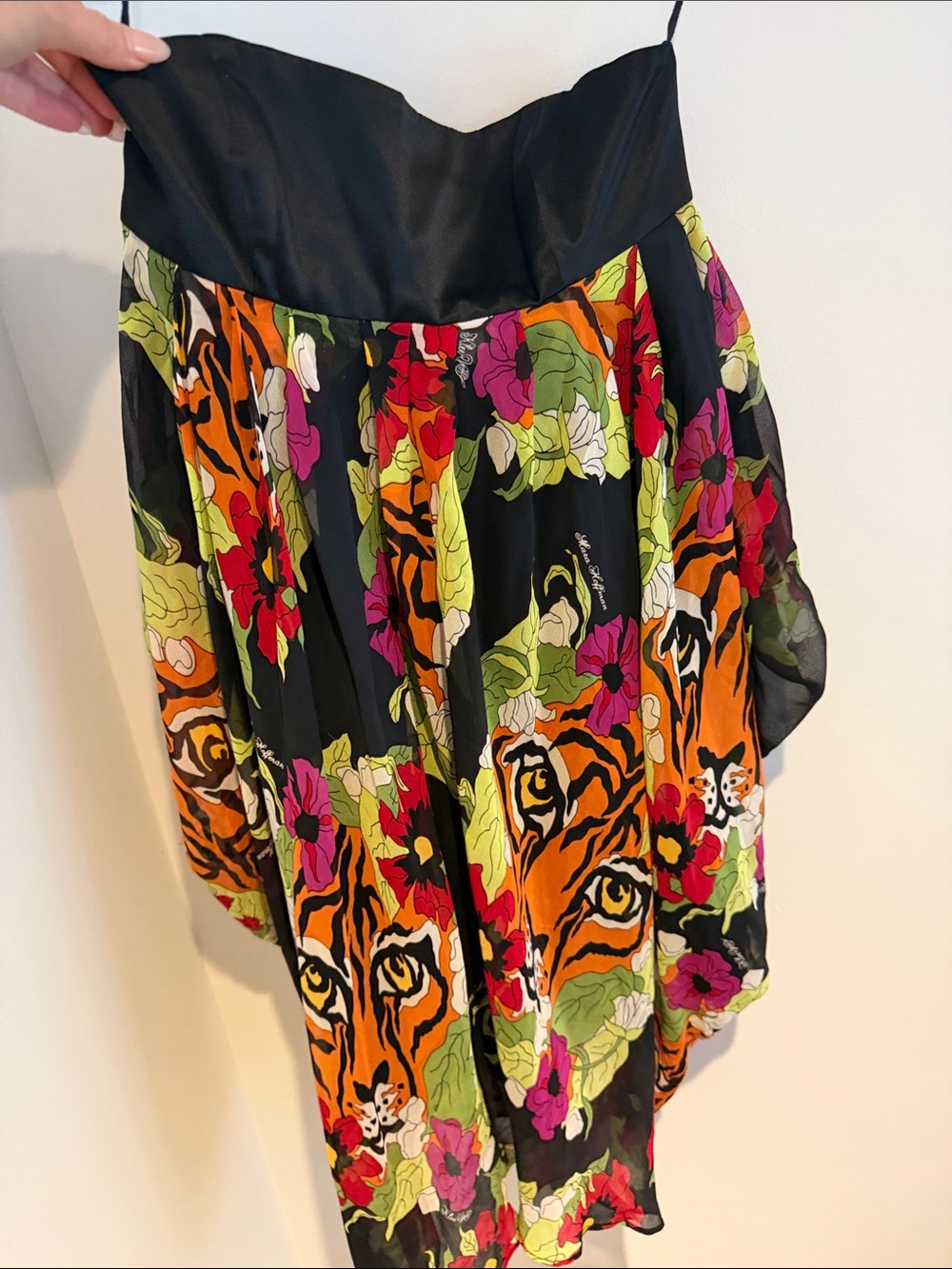 Floral & Tiger Print Black Strapless Pleated dress